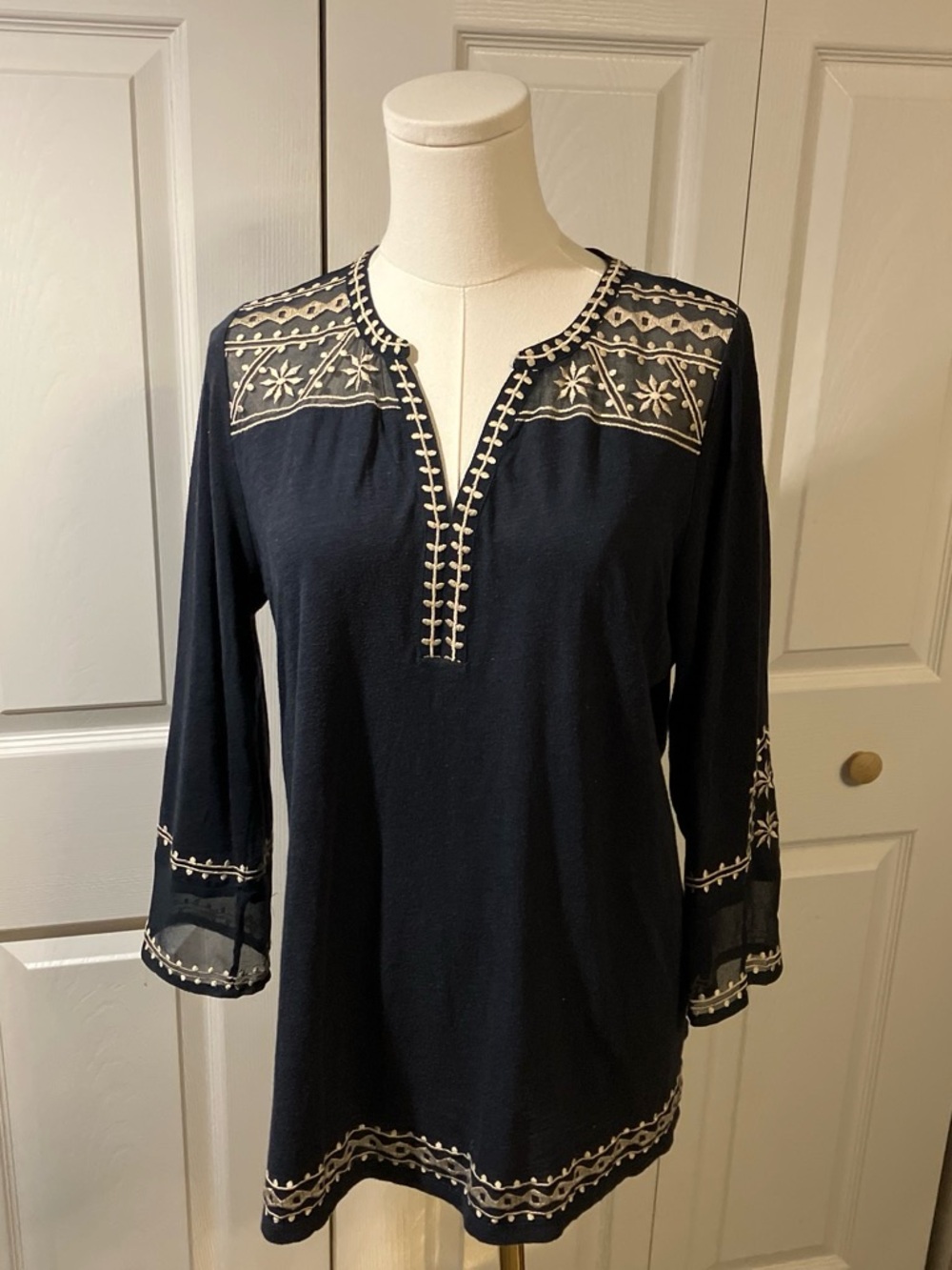 Lucky Brand Navy Tunic with Tan Embroidered Trim